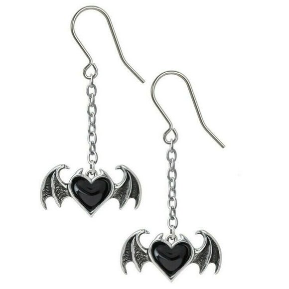 Alchemy Gothic Winged Black Heart Dangle Earrings NWT - Picture 1 of 2